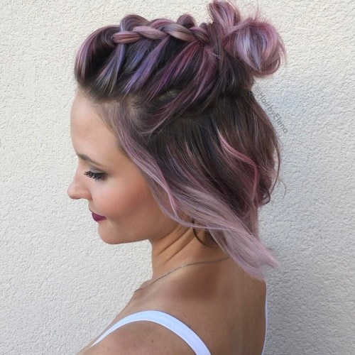 Dark Brown With Pink Purple Highlights Braided Bun Dark Brown With Pink Purple Highlights Braided Bun — Half Up Bun