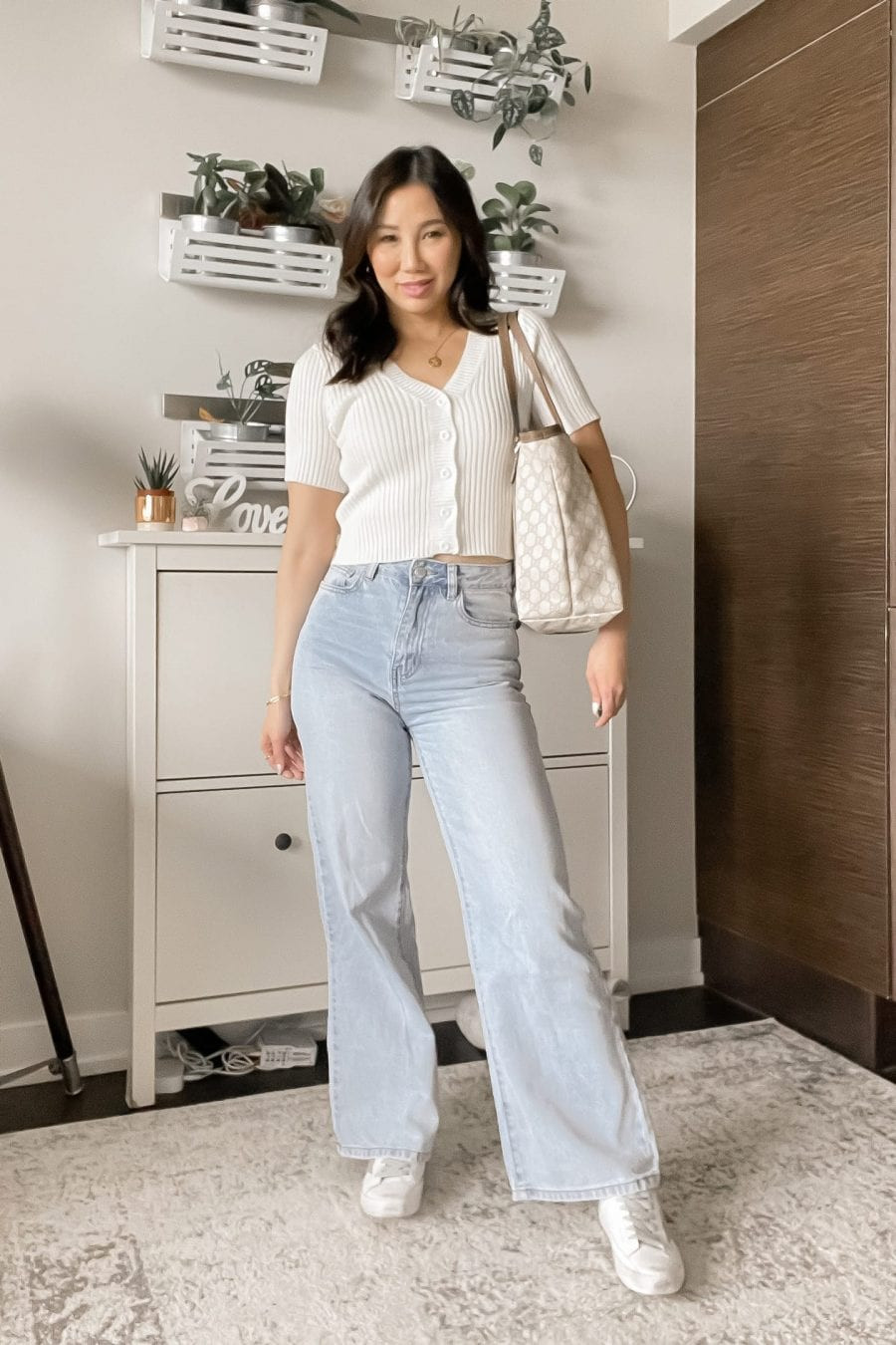 Wide-Leg Jeans with Cropped Cardigan and Sneakers — High Waisted Jeans