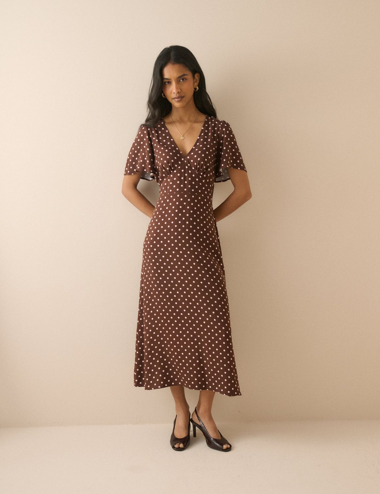 V-Neck Midi Dress with Flutter Sleeves for Daytime V-Neck Midi Dress with Flutter Sleeves for Daytime — Polka Dot Dresses