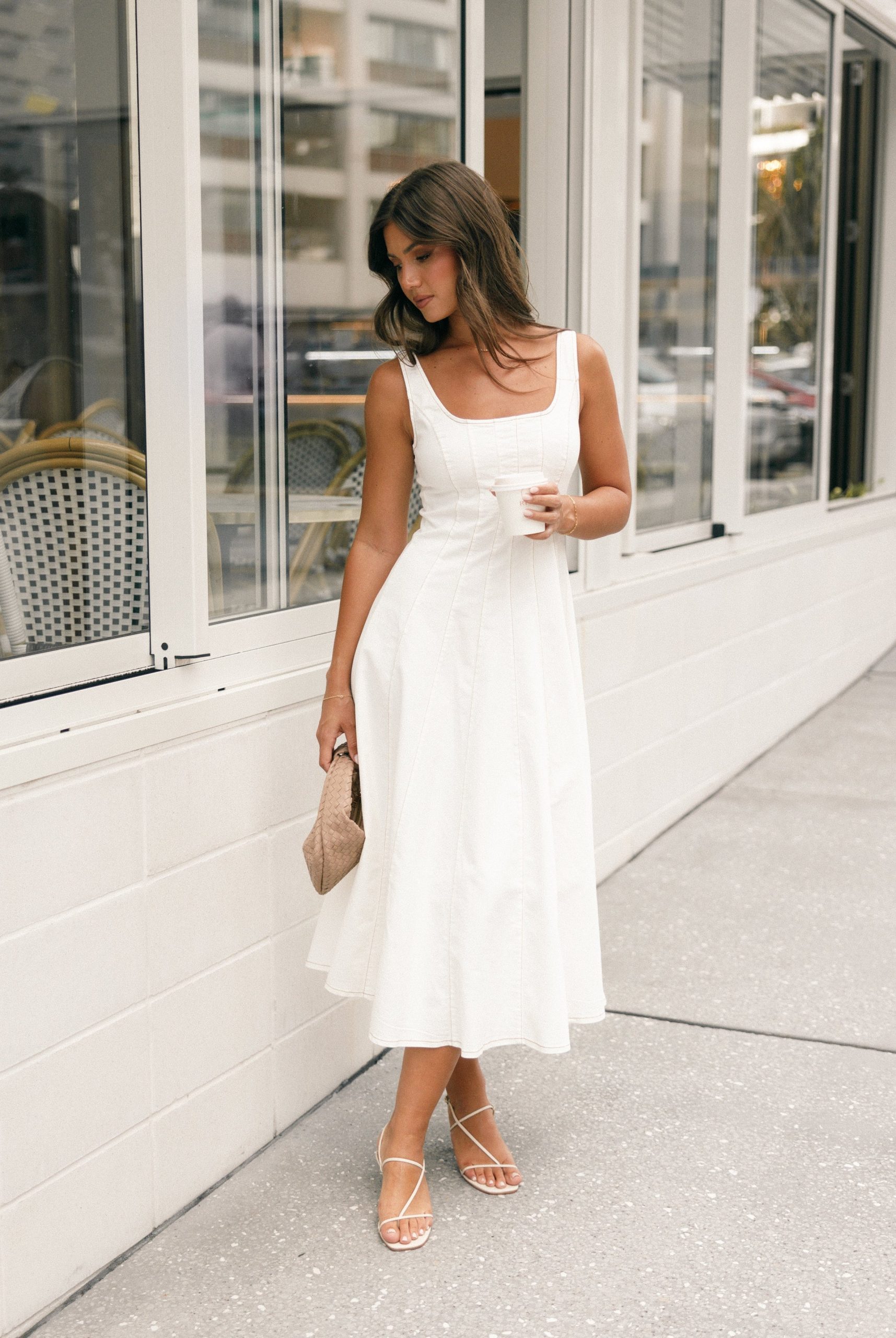 Textured Cotton Square Neck Midi Dress for Daytime Casual Textured Cotton Square Neck Midi Dress for Daytime Casual — Midi Dresses