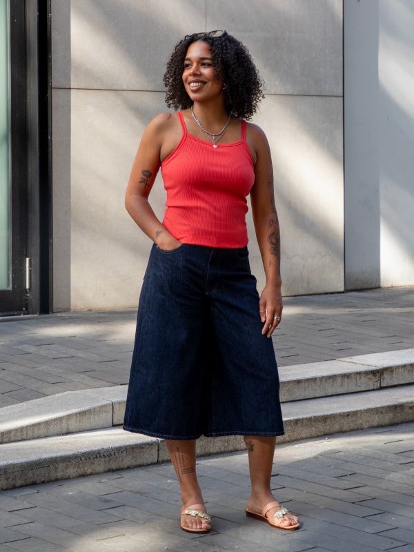 Ribbed Tank with Denim Culottes for Casual Comfort — Outfits for Long Torso