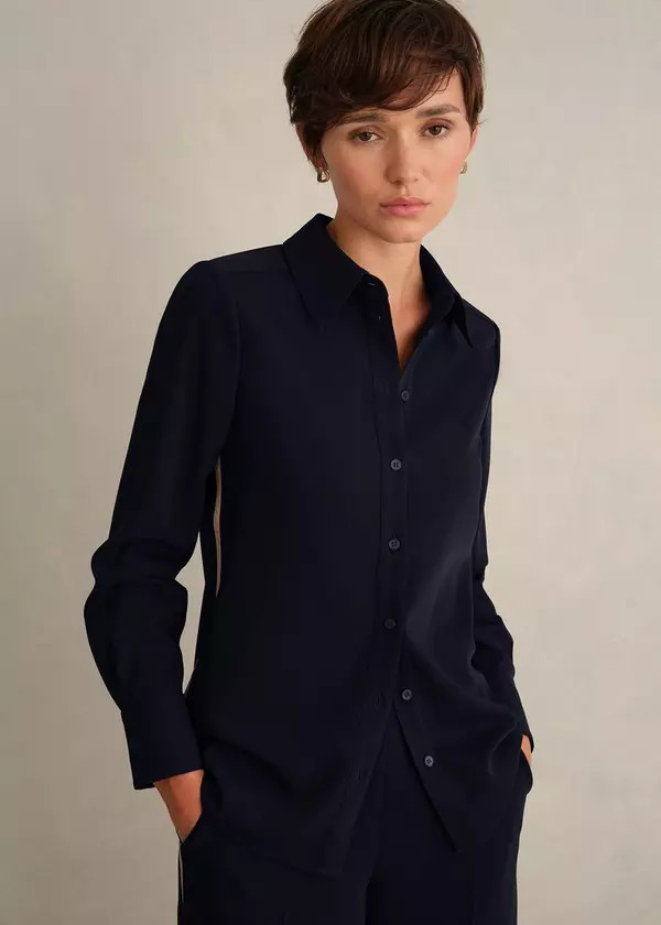 Silk-Like Navy Blouse with Straight-Leg Trousers for a Refined Look — Smart Casual Outfits