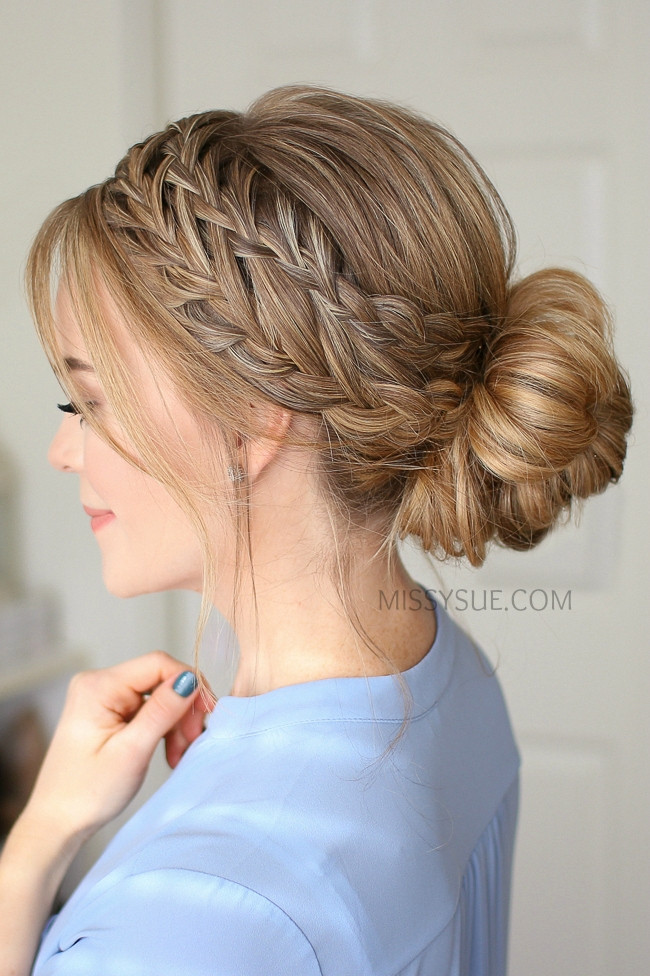 Braided Honey Blonde Updo — Messy Low Bun