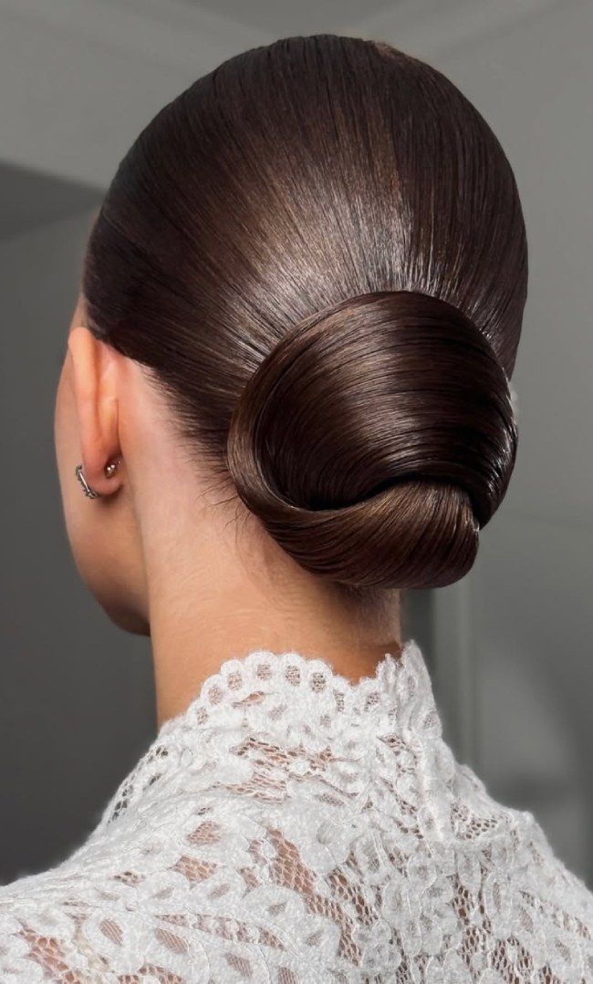 Mid-Back Glossy Dark Brown Sleek Low Bun