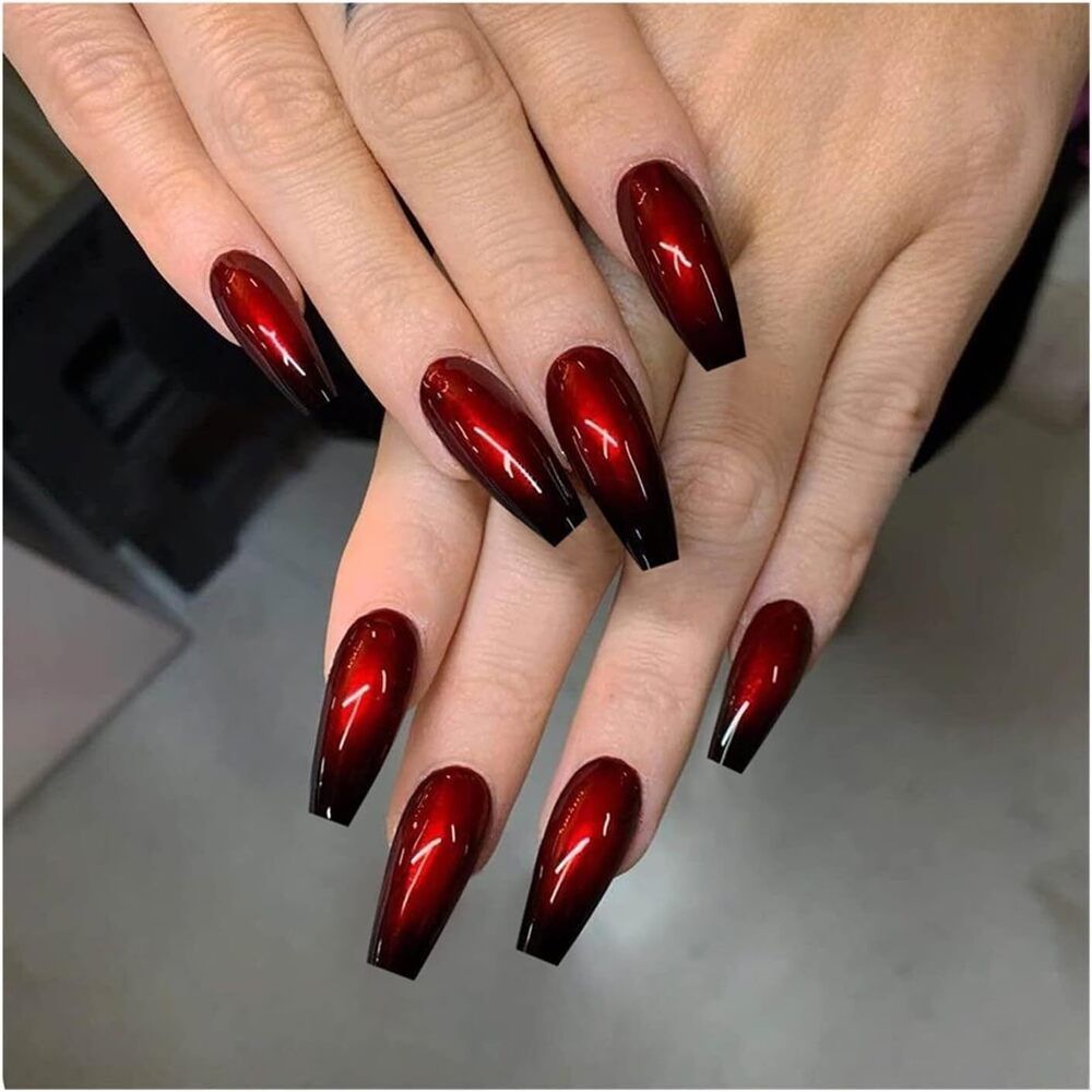 Chrome Red to Black Gradient Coffin Nails Chrome Red to Black Gradient Coffin Nails — Long Coffin Nails