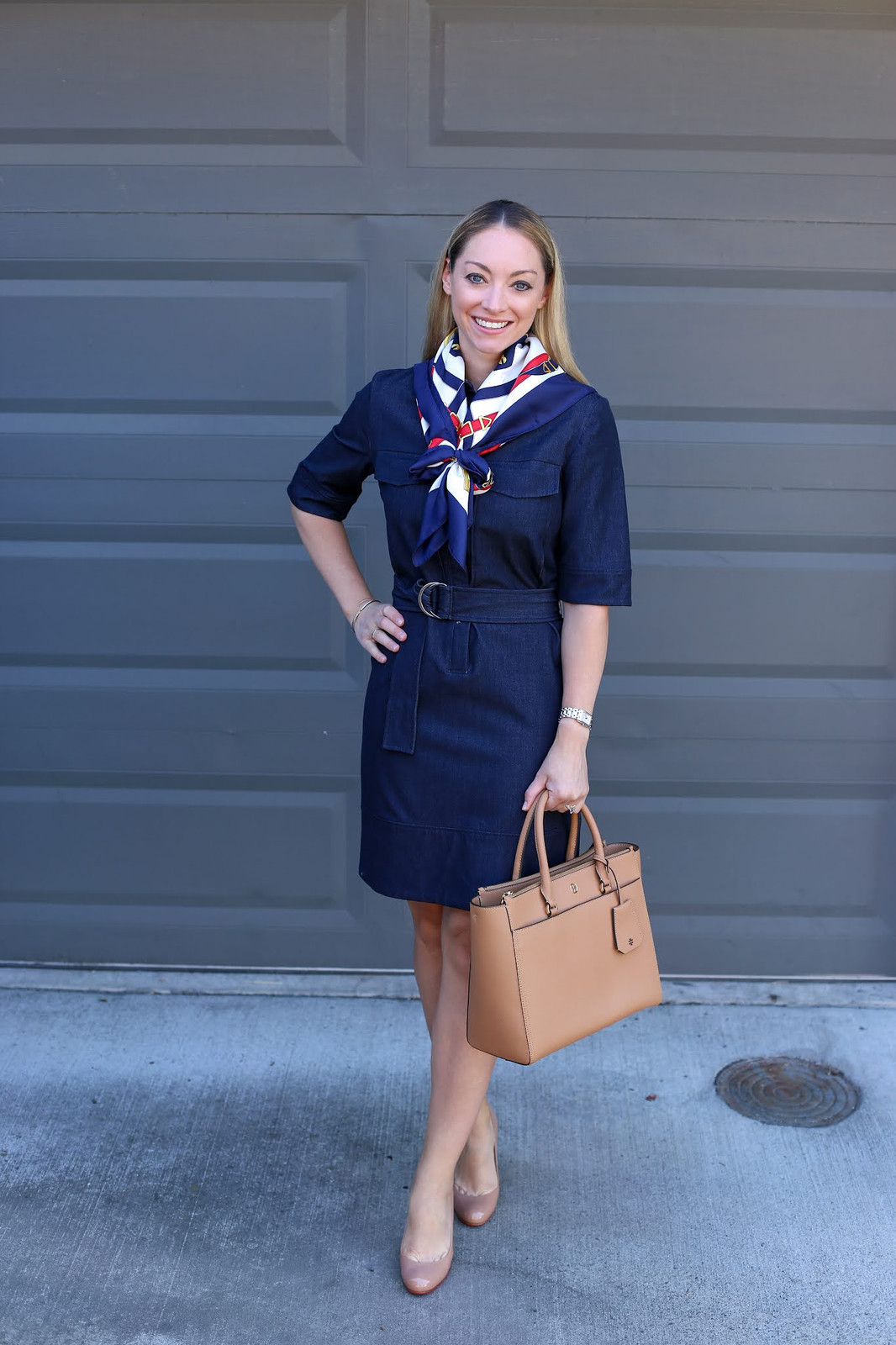 Necktie Silk Scarf with Denim Shirt Dress — Silk Scarf Outfits