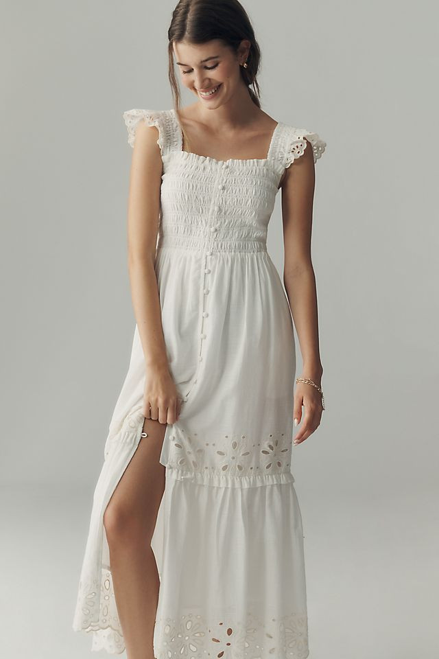 White Eyelet Maxi Dress with Sandals — Anthropologie Outfits