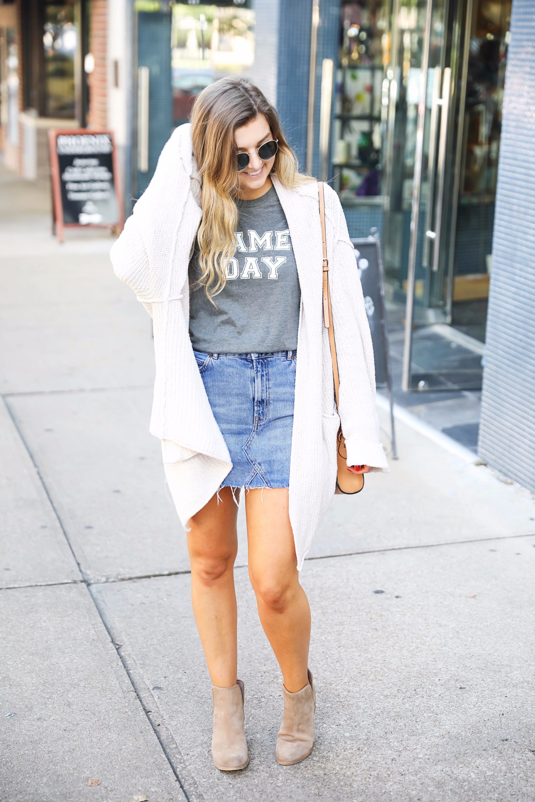 Cozy Cardigan: 'Game Day' Tee and Denim Skirt Cozy Cardigan: 'Game Day' Tee and Denim Skirt — Soccer Game Outfits