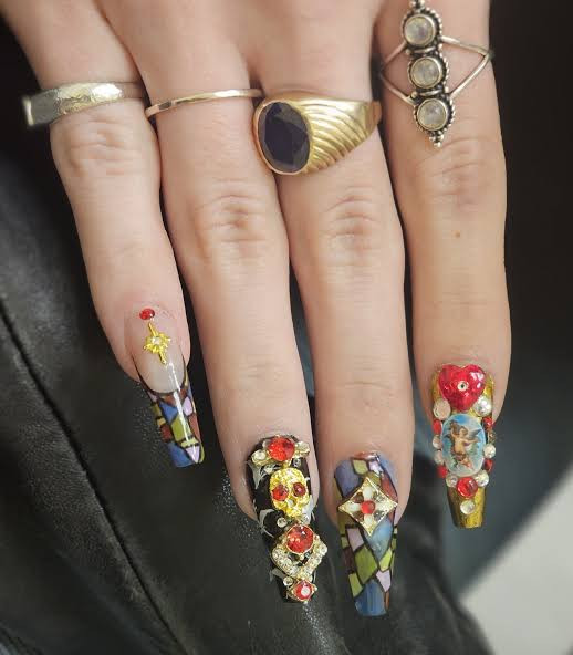 Mosaic Base Jewel Encrusted Coffin Nails Mosaic Base Jewel Encrusted Coffin Nails — Church Nails