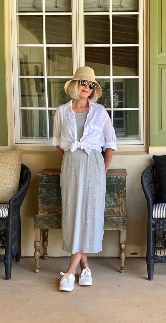 Casual Grey T-Shirt Dress with Tied Shirt — Garden Party Outfits