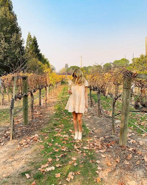 Pale Peach Mini Dress and White Ankle Boots for a Winery Stroll — Winery Outfits