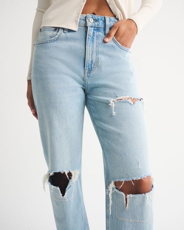 Close-Up on Distressed Straight-Leg Jeans — Ripped Jeans