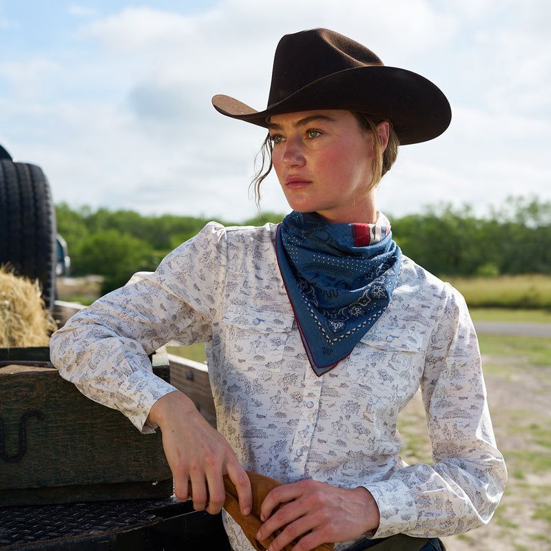 Printed Button-Up Shirt with Bandana and Cowboy Hat — Ranch Outfits
