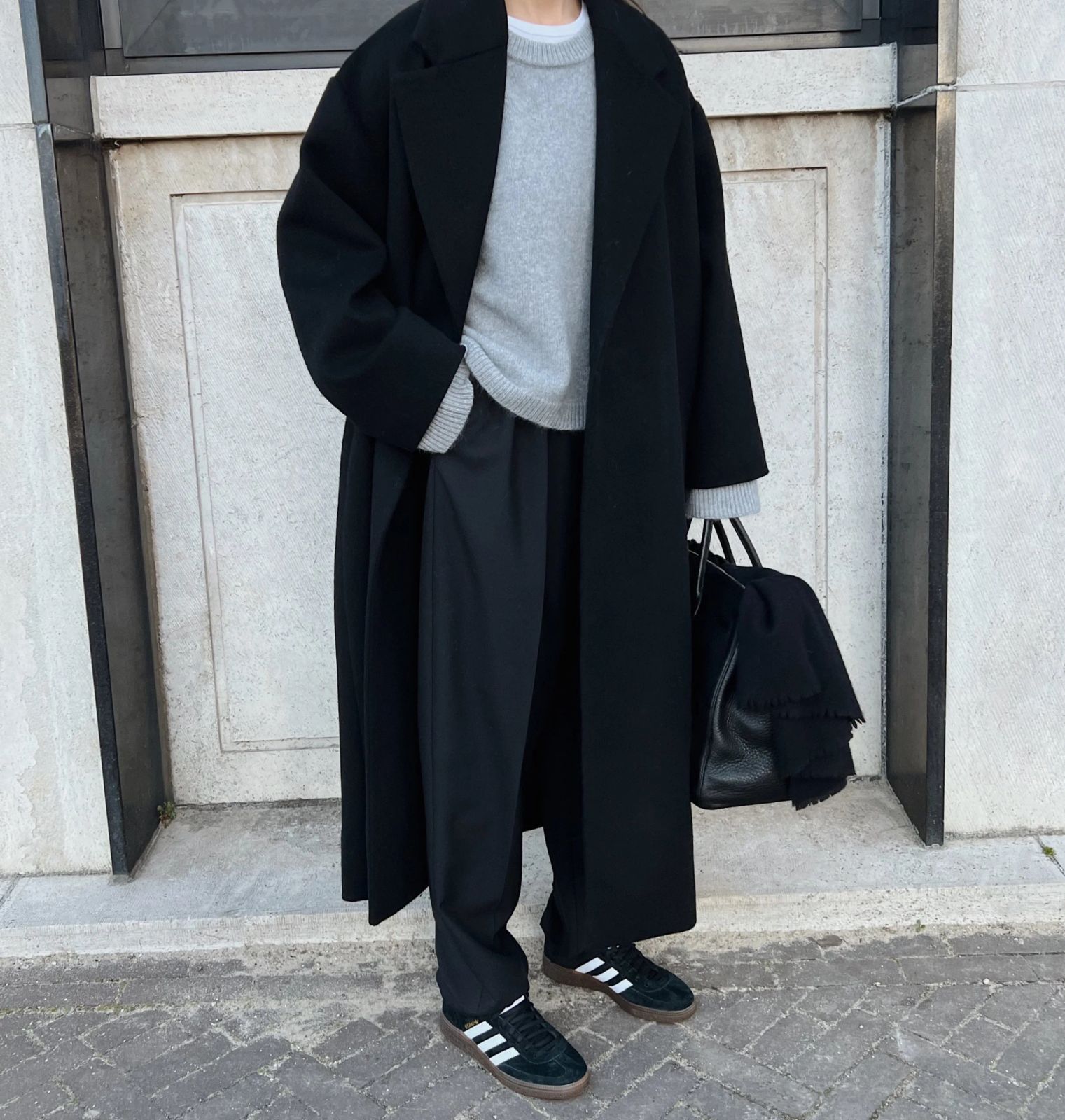 Monochromatic Black: Adidas Spezial with Wool Coat and Crewneck Sweater Monochromatic Black: Adidas Spezial with Wool Coat and Crewneck Sweater — Adidas Spezial Outfits