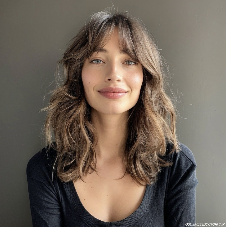Black Top with Effortless Brown Wispy Bangs