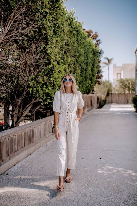 Ivory Belted Jumpsuit with Bow Detail Slides — San Diego Outfits