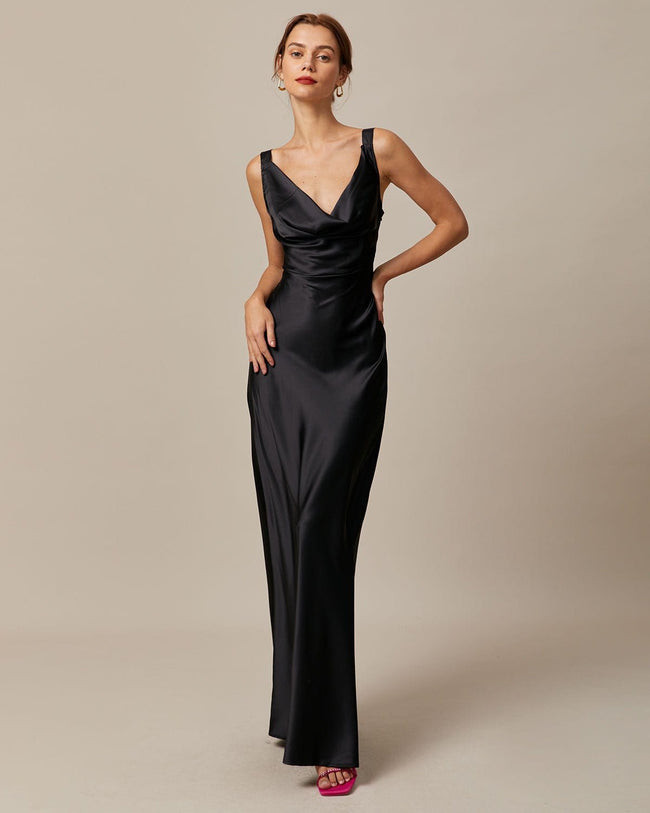 Elegant Black Satin Slip Dress with Cowl Neckline — Black Tie Outfits