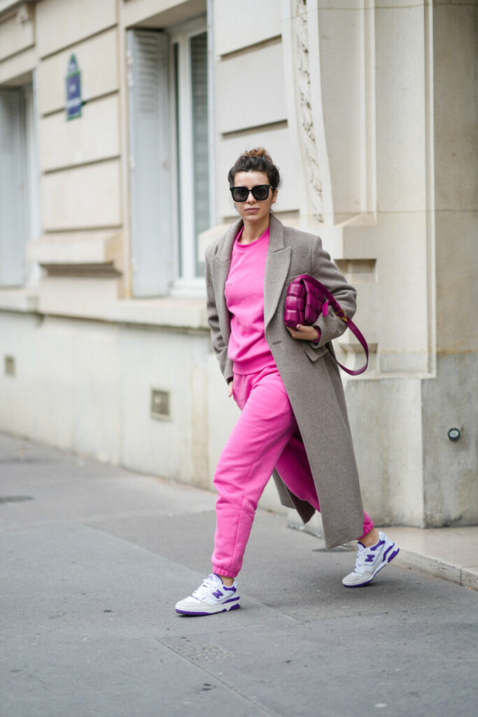 Bright Pink Sweat Suit with Wool Coat and 550s Bright Pink Sweat Suit with Wool Coat and 550s — New Balance 550 Outfits