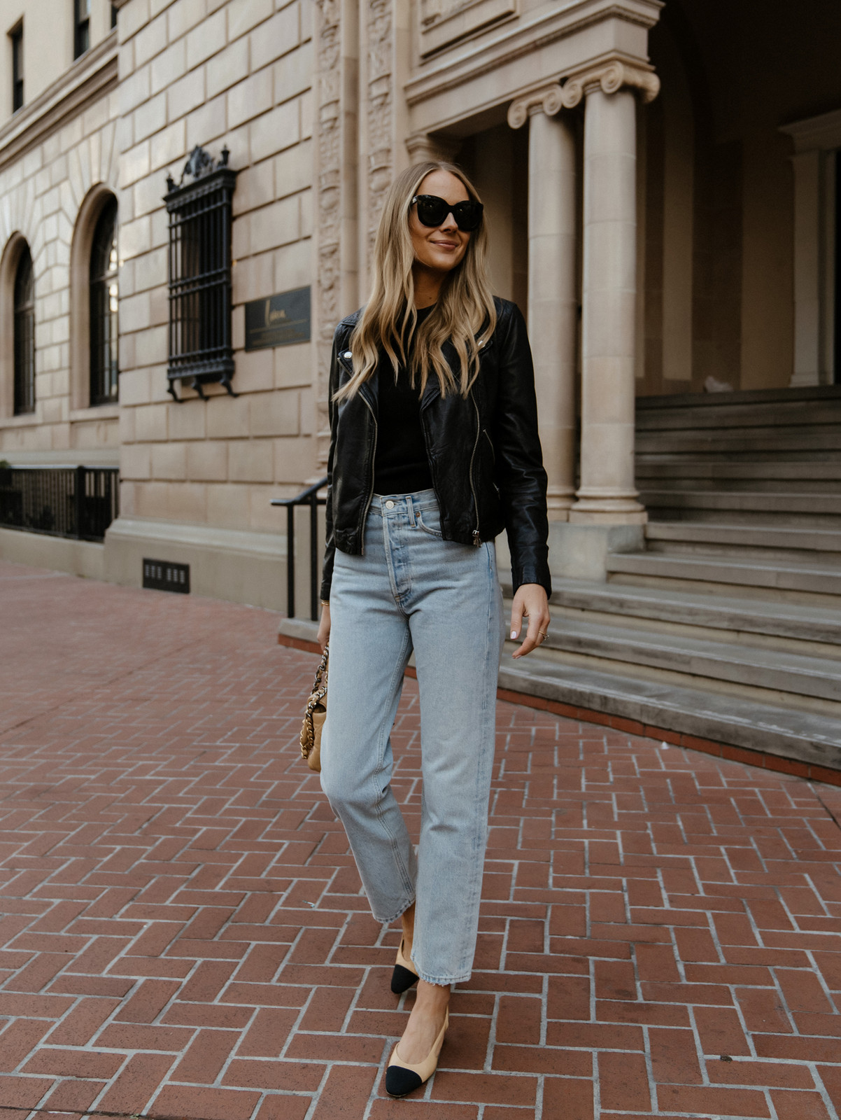 Black Leather Jacket with Blue Denim and Two-Tone Heels Black Leather Jacket with Blue Denim and Two-Tone Heels — Madewell Outfits