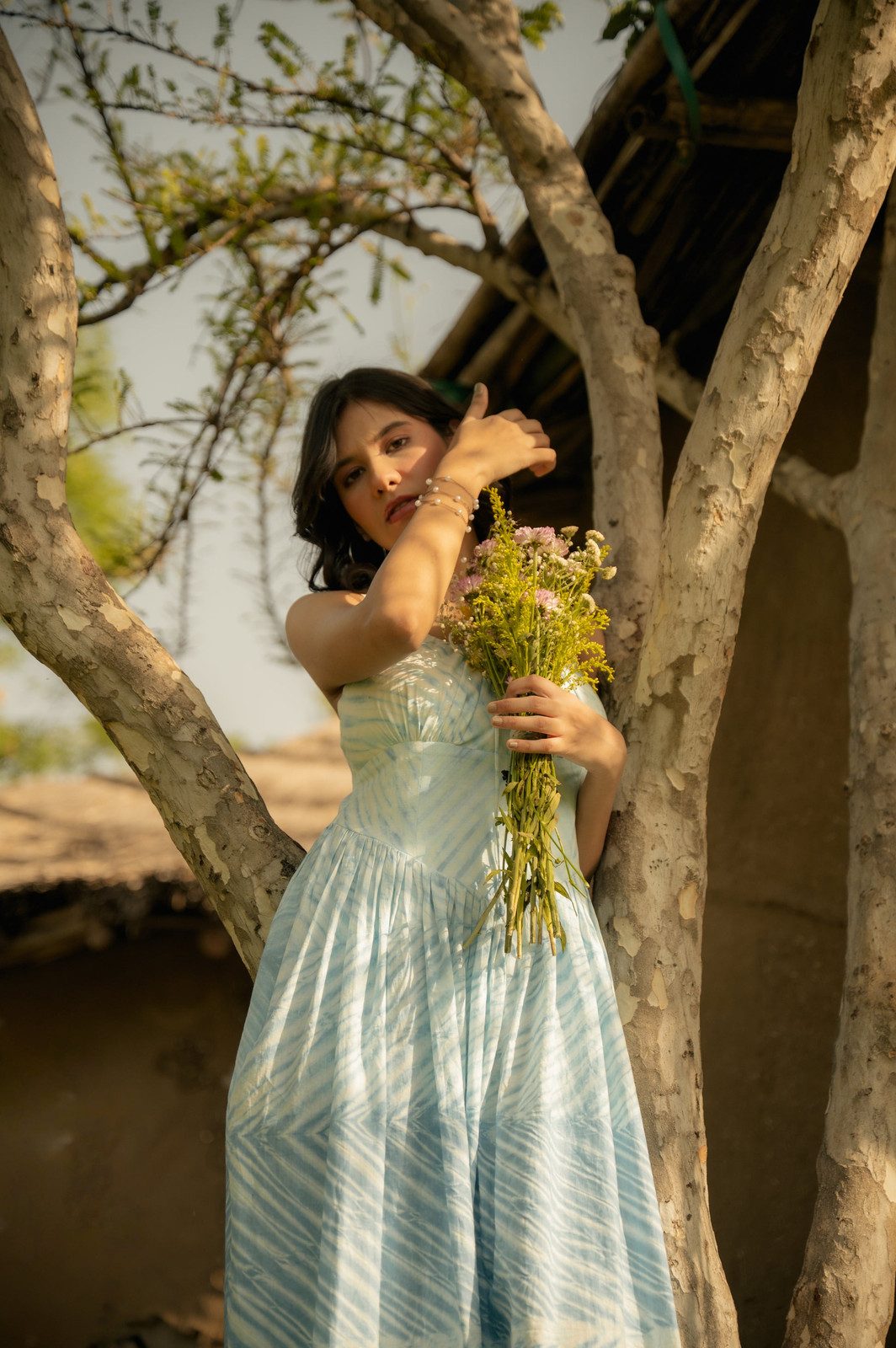 Light Blue Patterned Cotton Milkmaid Midi Dress for Casual Days — Milkmaid Dresses