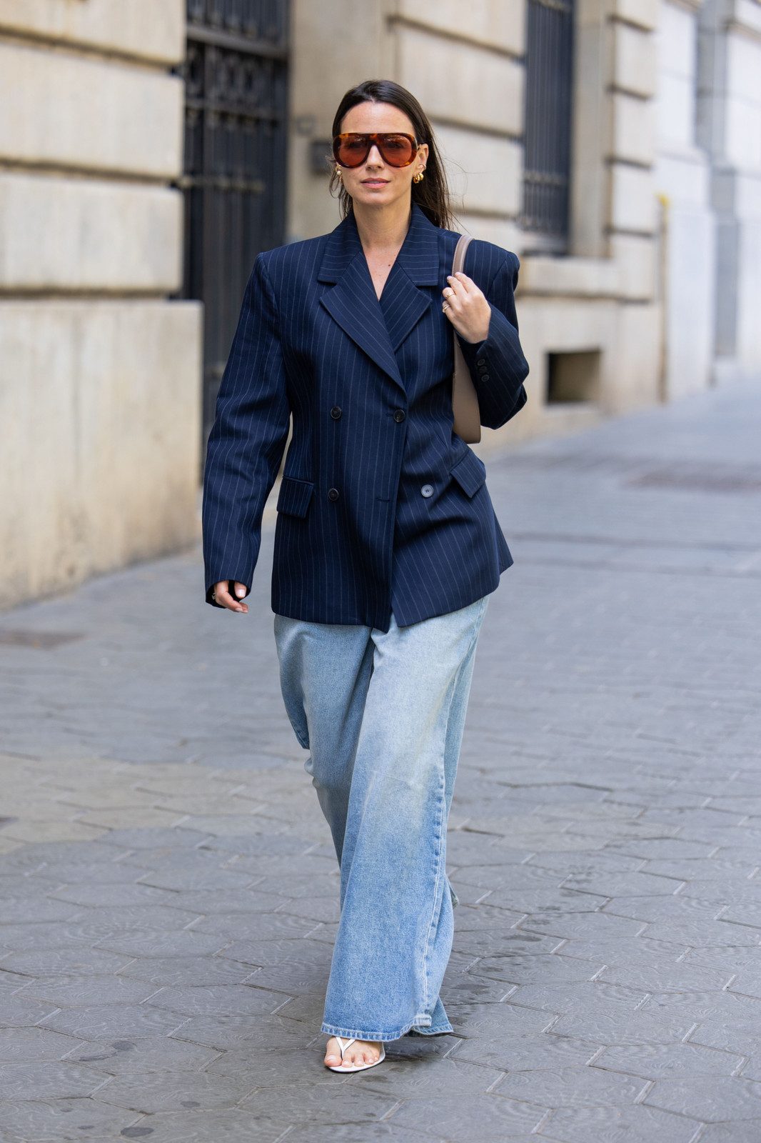 Wide-Leg Jeans, Pinstripe Blazer, and White Heeled Sandals — Heels with Jeans Outfits