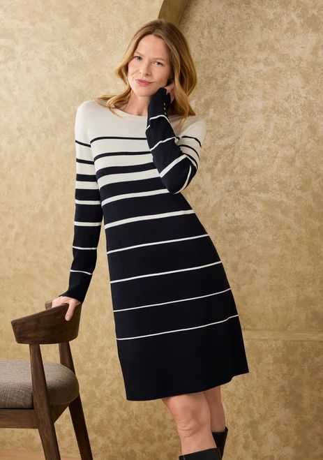 Smart Casual Navy and White Knit Dress Smart Casual Navy and White Knit Dress — Striped Dresses