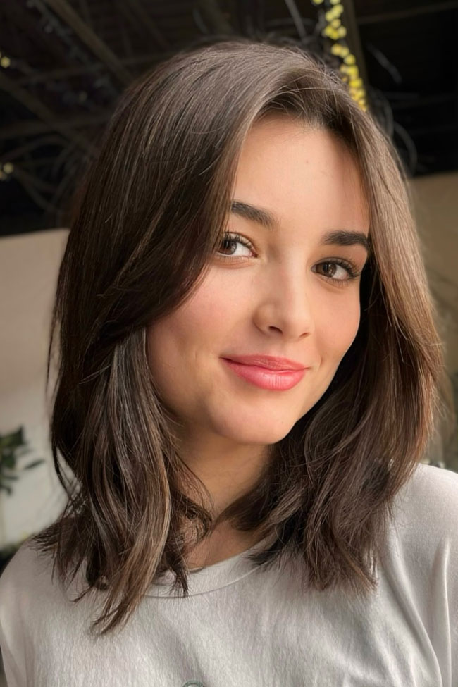 Medium Brown Lob With Soft Curtain Bangs — Medium Hair with Bangs
