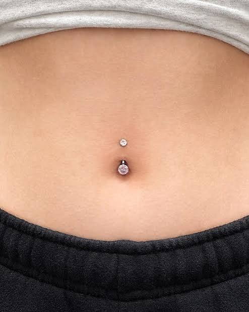 Simple Statement: Double Gem Belly Piercing with Grey T-shirt — Belly Button Piercing Ideas