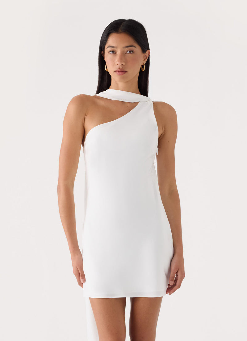 White Crepe One-Shoulder Mini Dress with Draped Detail — Engagement Party Dresses
