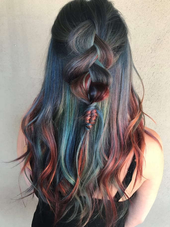 Half Up Braid With Blue Red And Teal Streaks Half Up Braid With Blue Red And Teal Streaks — Oil Slick Hair