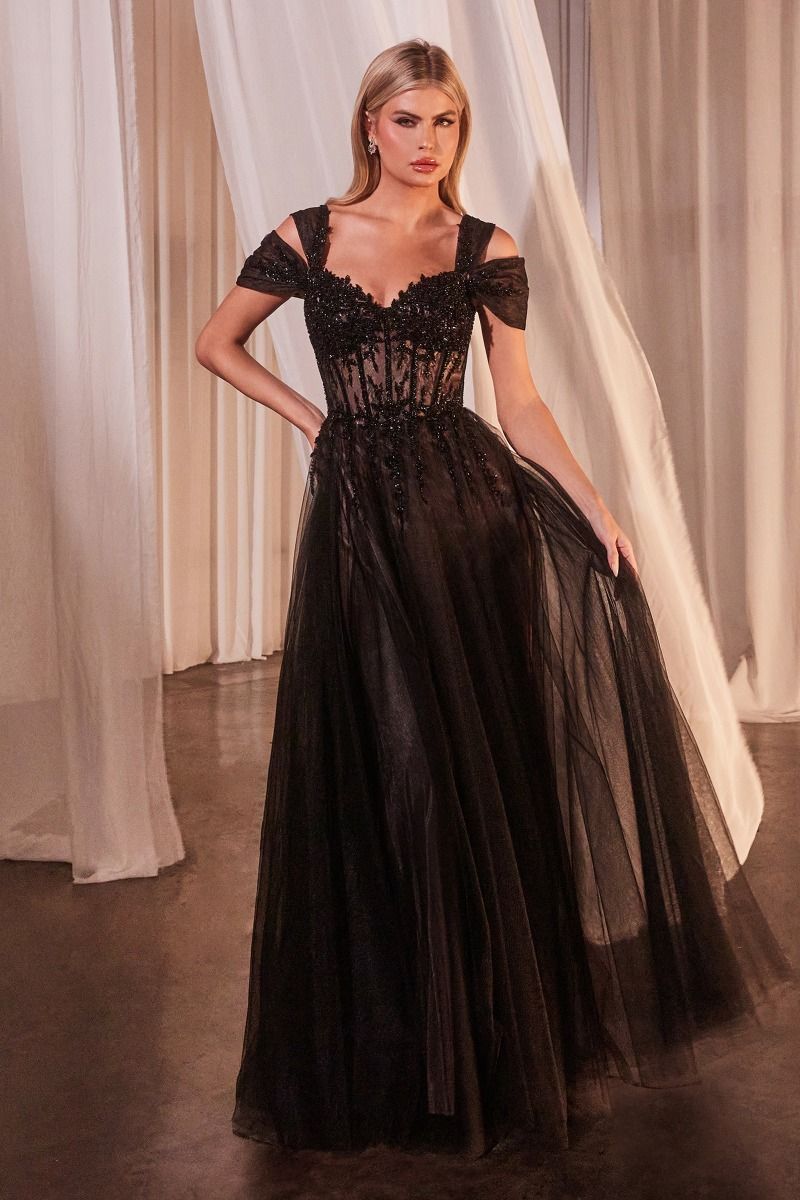 Black Off-the-Shoulder Gown with Beaded Bodice Black Off-the-Shoulder Gown with Beaded Bodice — Formal Dresses
