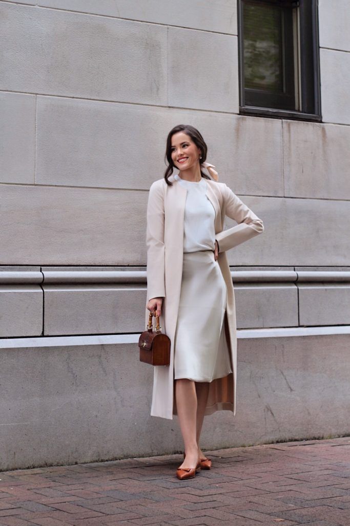 Cream Slip Skirt with Matching Top, Coat, and Burnt Orange Flats — Slip Skirt Outfits