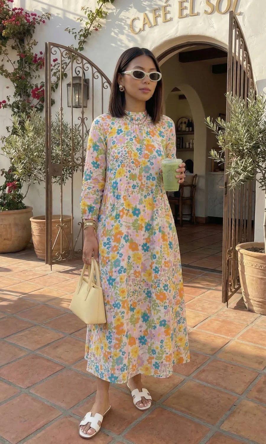 Floral Print Dress with White Sandals for a Summer Coffee Date Floral Print Dress with White Sandals for a Summer Coffee Date — Coffee Date Outfits