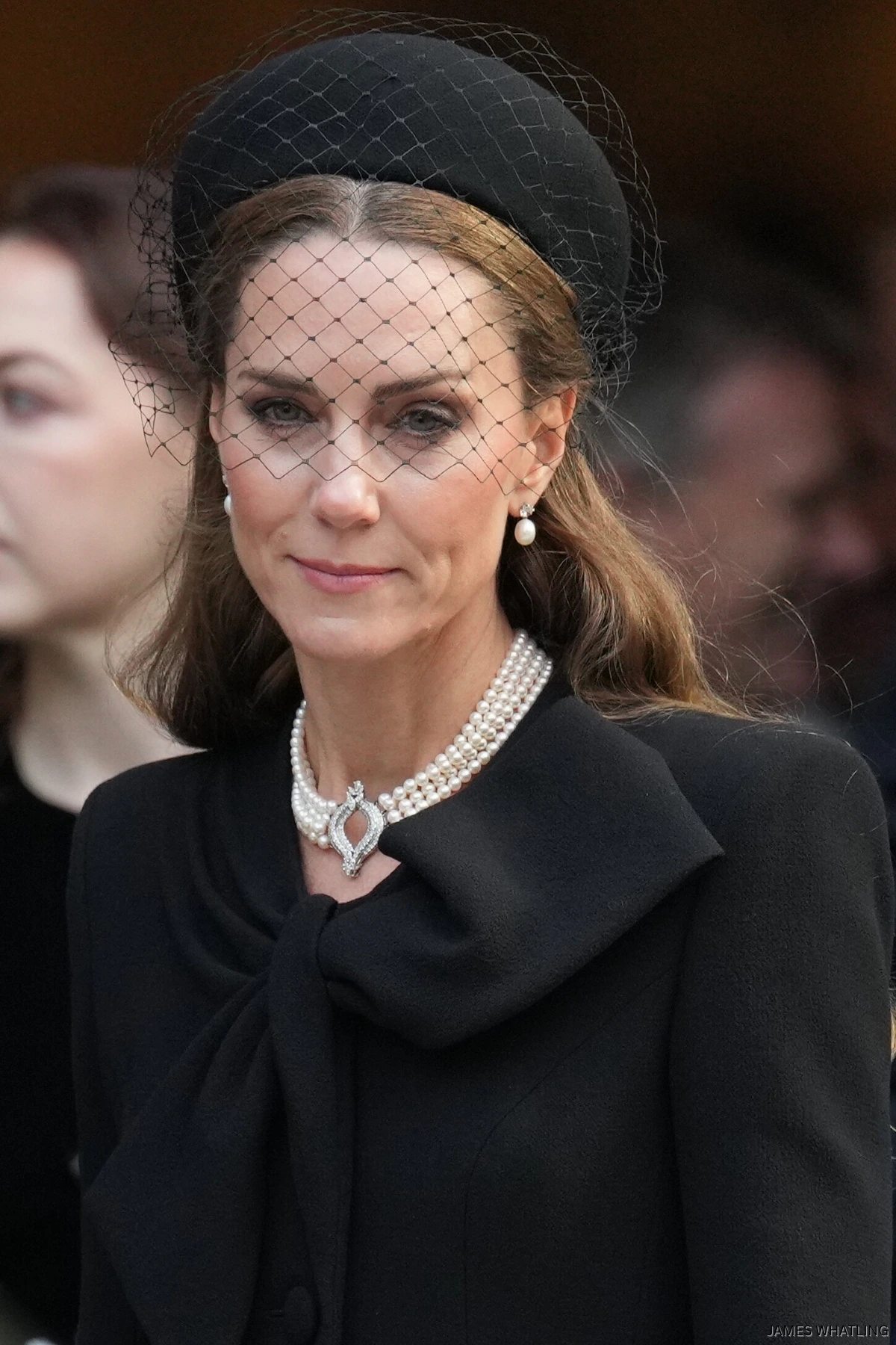 Black Coat with Veil and Pearls for a Classic Funeral Ensemble Black Coat with Veil and Pearls for a Classic Funeral Ensemble — Funeral Outfits