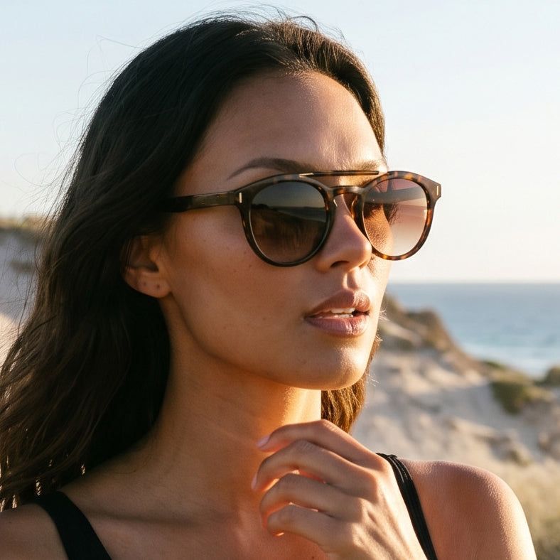 Tortoiseshell Round Sunglasses with Beach Casual — Sunglasses for Heart Shaped Face