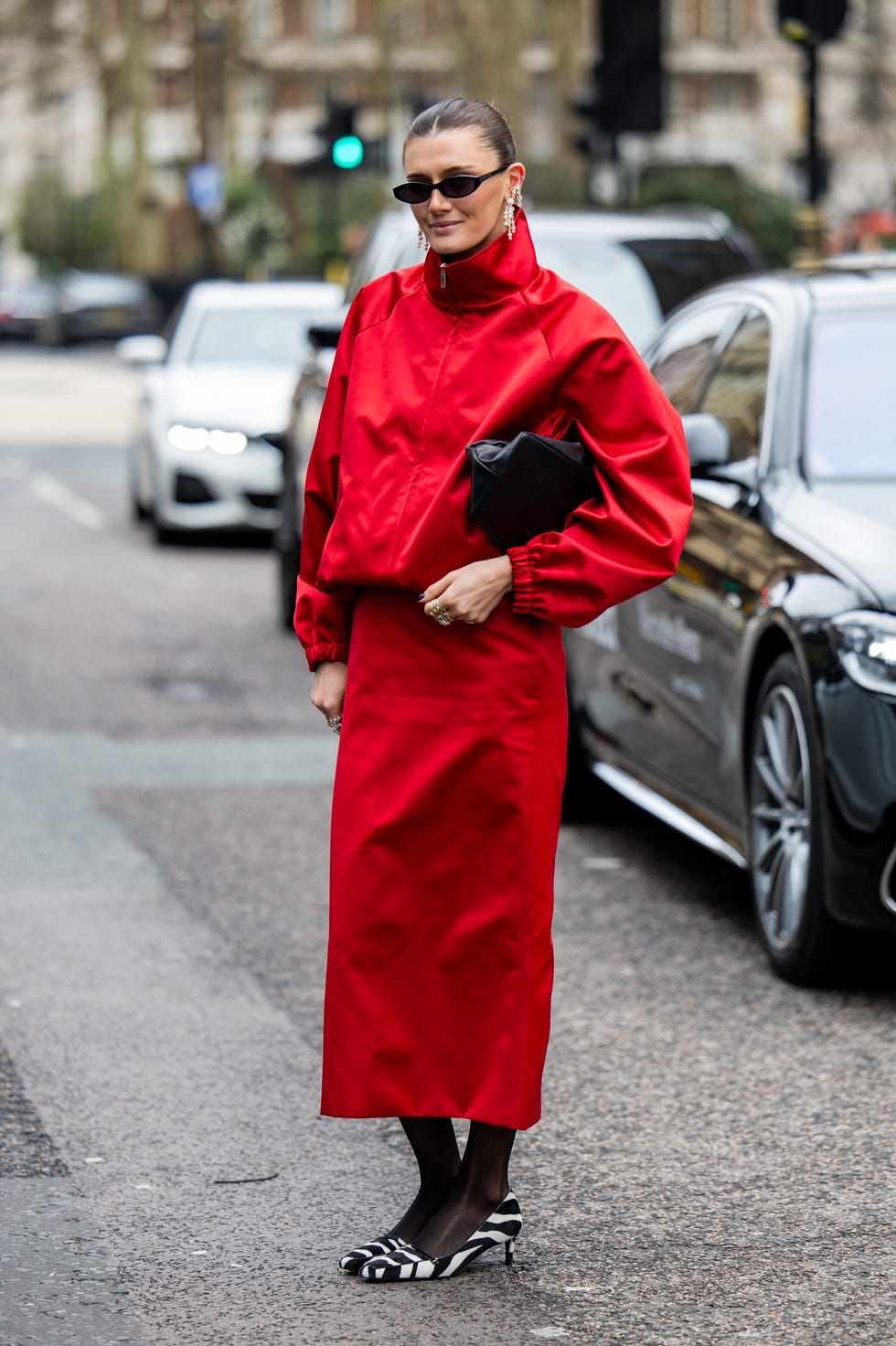 Red Satin Windbreaker with Midi Skirt and Zebra Heels Red Satin Windbreaker with Midi Skirt and Zebra Heels — Windbreaker Outfits