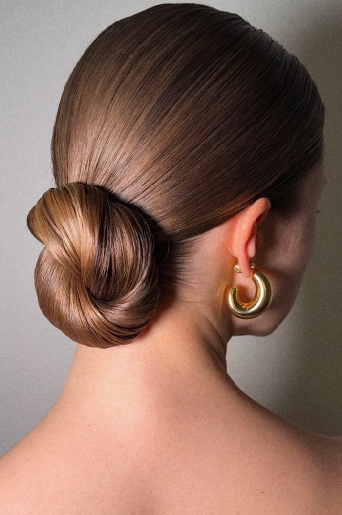 Glossy Medium Brown Twisted Bun — Slick Back Bun