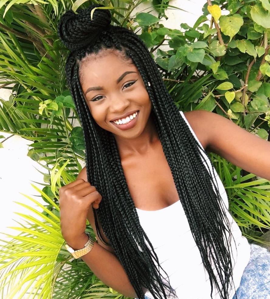Long Black Braids Half Updo With Bun — Box Braids