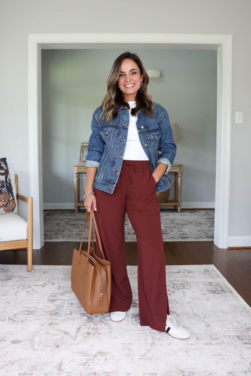 Modern Utility: Denim Jacket and Rust Wide-Leg Trousers Modern Utility: Denim Jacket and Rust Wide-Leg Trousers — Meet the Teacher Outfits