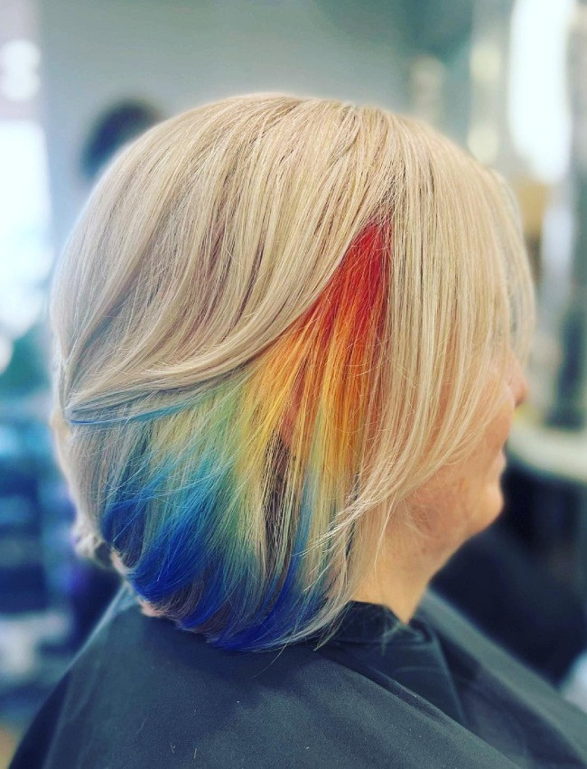 Ear Blonde Bob With Rainbow Peekaboo Ear Blonde Bob With Rainbow Peekaboo — Peekaboo Hair