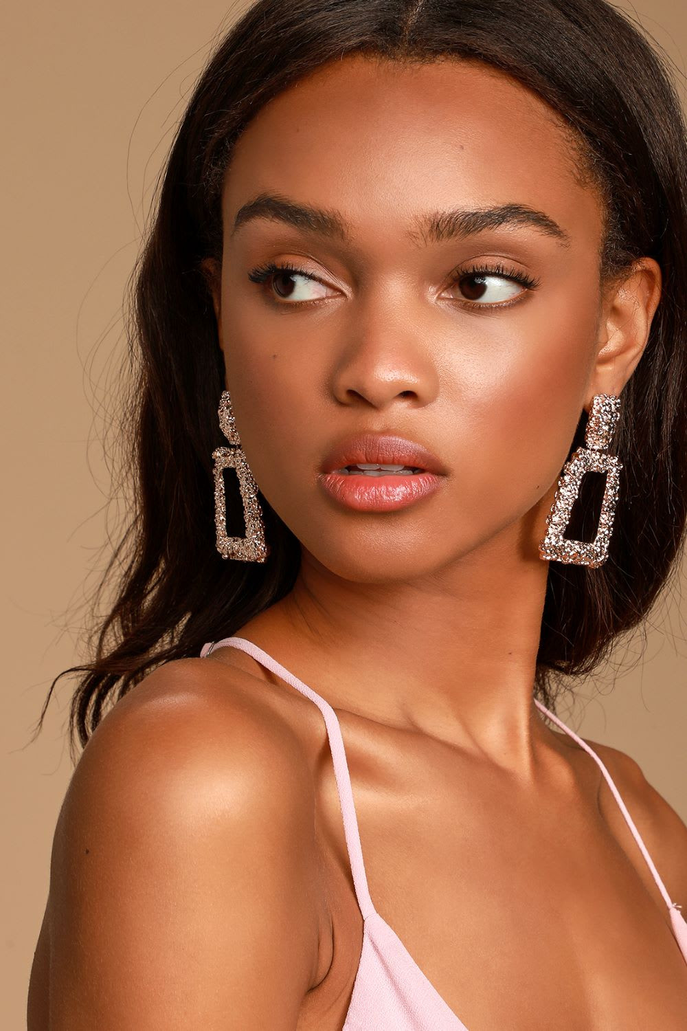 Party Evening Rose Gold Geometric Statement Earrings with a Sequined Top Party Evening Rose Gold Geometric Statement Earrings with a Sequined Top — Statement Earrings Outfits