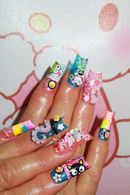 Glossy With Glitter And 3D Elements Visual Idea — Sanrio Nails