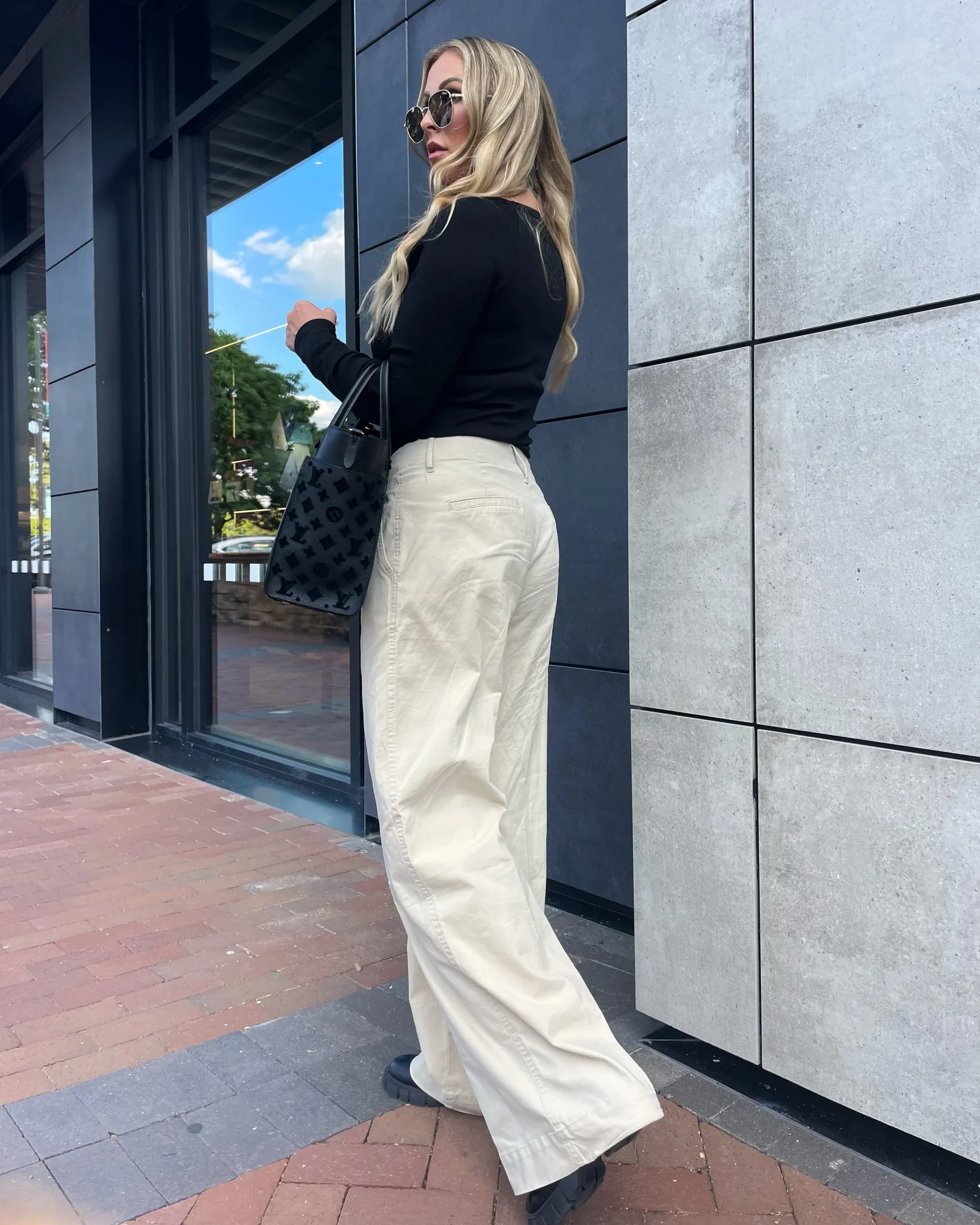 Chunky Boots with Beige Wide Legs — Wide Leg Pants