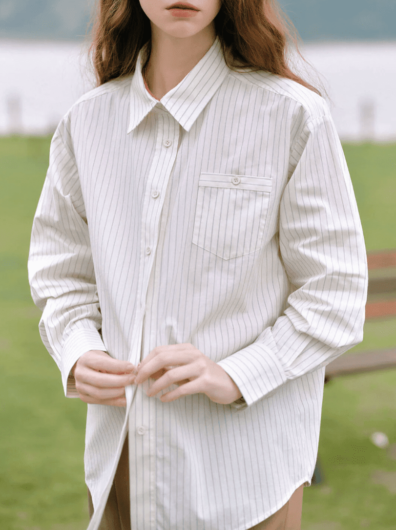 Cream and Green Striped Button-Up with Brown Trousers Cream and Green Striped Button-Up with Brown Trousers — Button Up Shirt Outfits