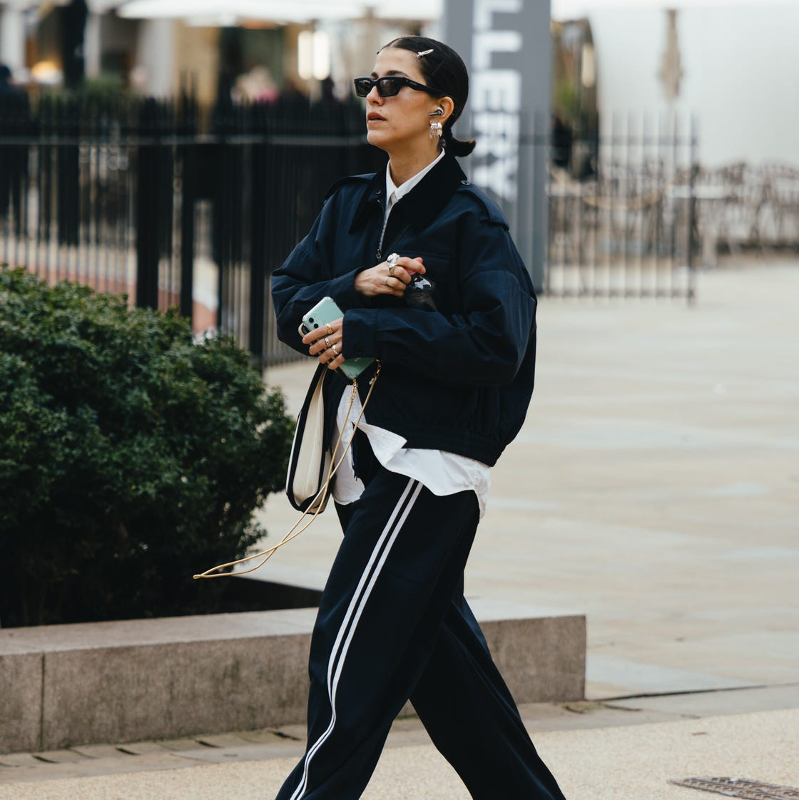 Navy Bomber Jacket and Track Pants for Sporty Street Style Navy Bomber Jacket and Track Pants for Sporty Street Style — Sporty Chic Outfits