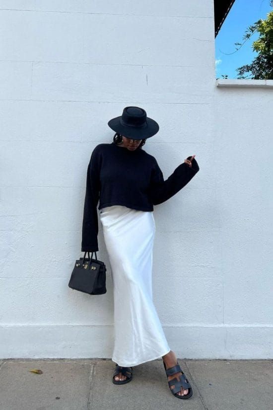 White Satin Midi Skirt with Cropped Sweater and Wide-Brim Hat White Satin Midi Skirt with Cropped Sweater and Wide-Brim Hat — Satin Skirt Outfits