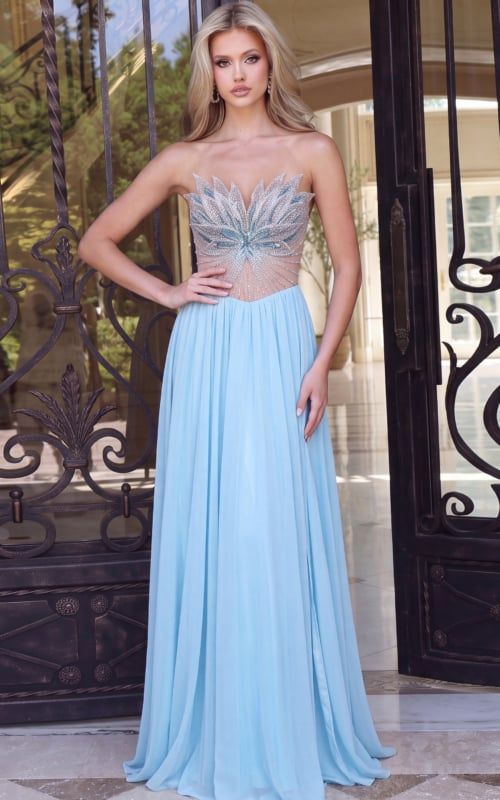Light Blue Chiffon Gown with Crystal Embellished Bodice Light Blue Chiffon Gown with Crystal Embellished Bodice — Pageant Dresses