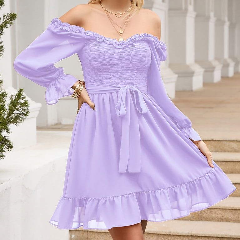 Lilac Off-the-Shoulder Mini Dress: Ruffled Details — Date Party Dresses