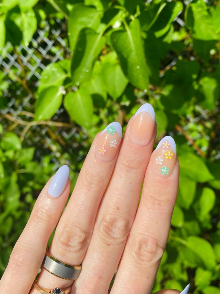 Pale Blue French with Floral Accents Pale Blue French with Floral Accents — First Acrylic Nails