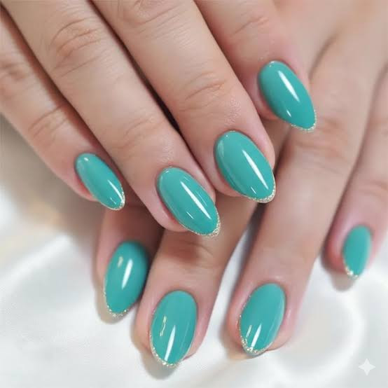 Solid Color With Metallic Silver Outline Visual Idea — Turquoise Nails